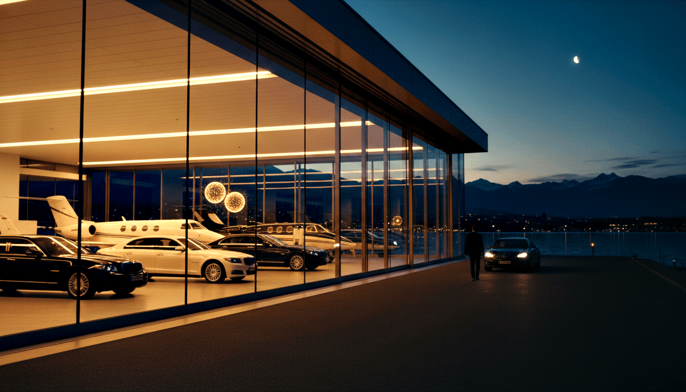 Glass hangar with luxury sedans and private aircraft, amber-lit at night; mountains, water, city lights, crescent moon behind.