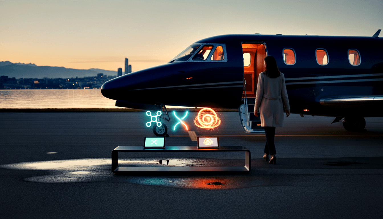 Woman in cream coat walking toward open dark navy business jet on wet tarmac at dusk, with holographic symbols on foreground table.
