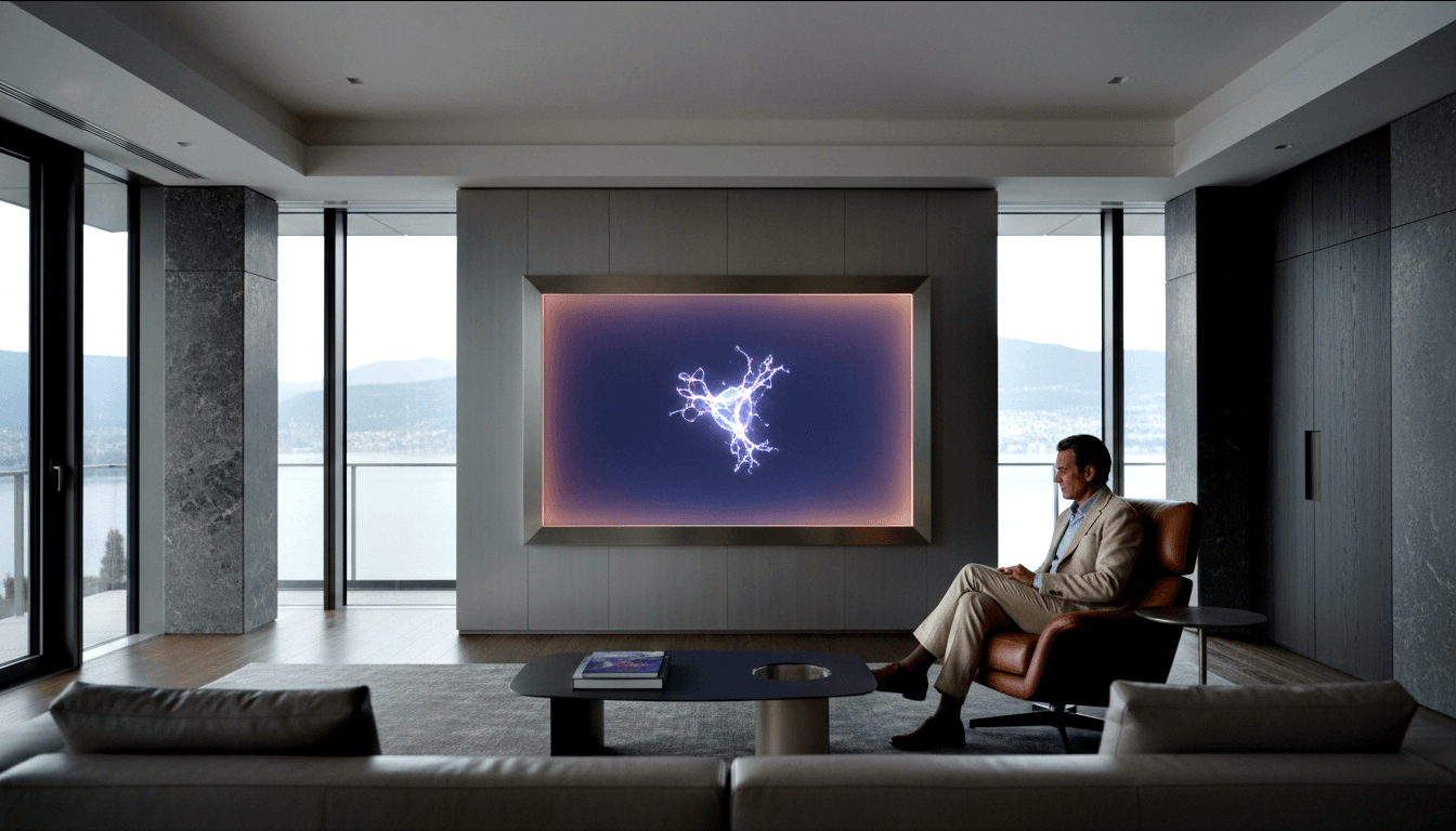 Man in beige suit sits in brown leather chair facing a large illuminated wall display of a branching electrical figure on blue-purple background.