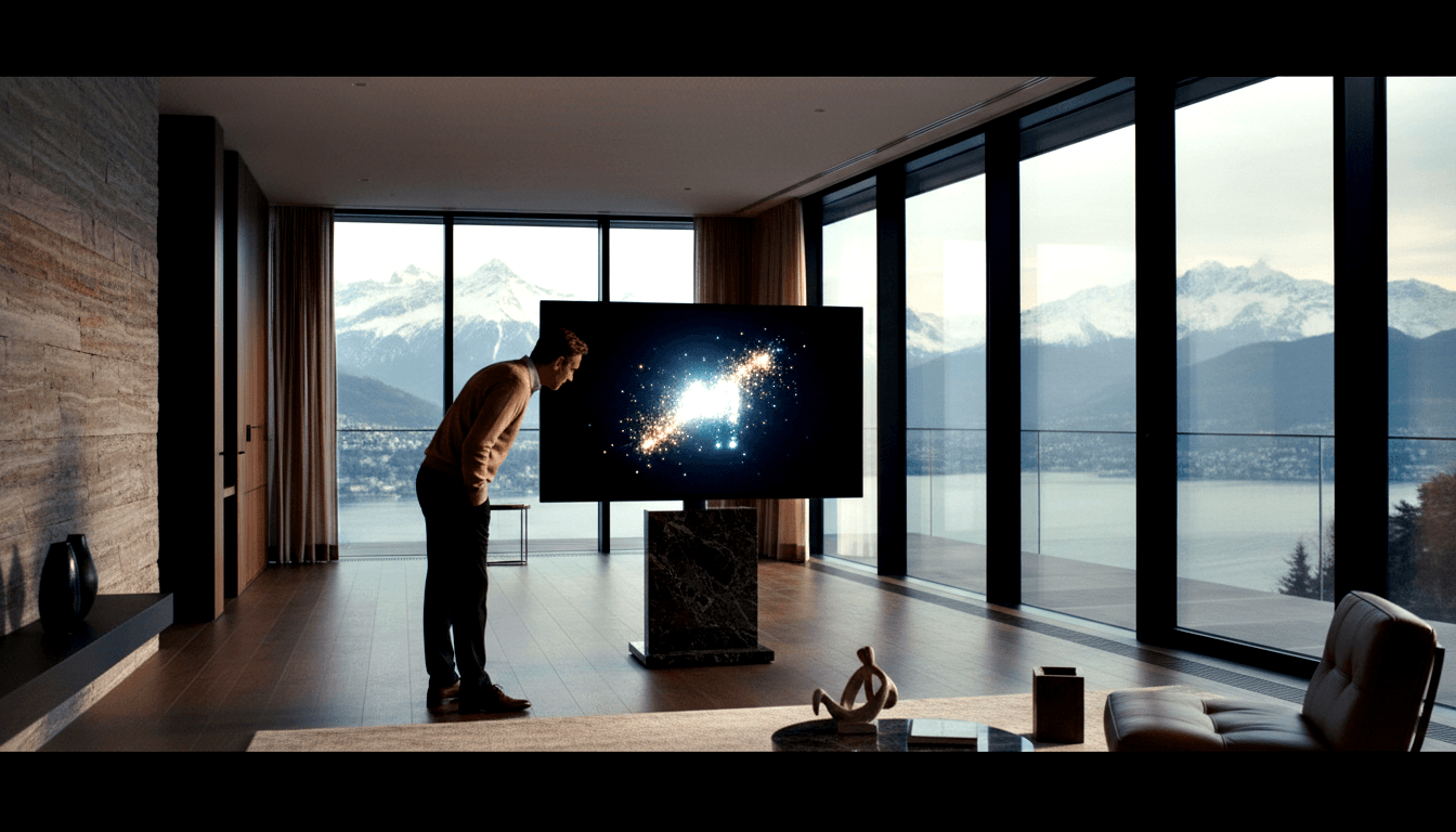 Man in tan sweater leans forward examining a large flat-screen TV on a dark marble column, screen showing bright sparks.