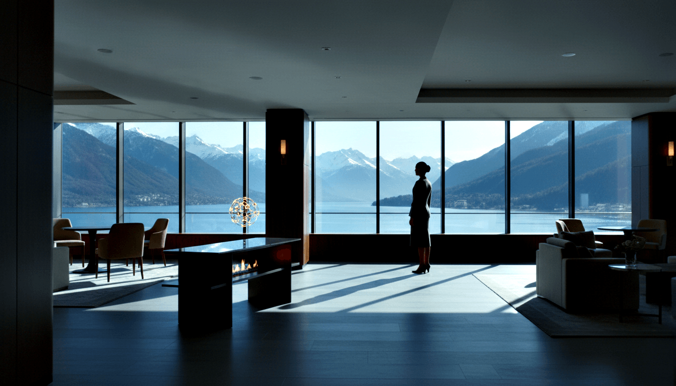 Silhouetted woman in updo and heels gazes through floor-to-ceiling windows at snow-capped mountains and calm blue lake.