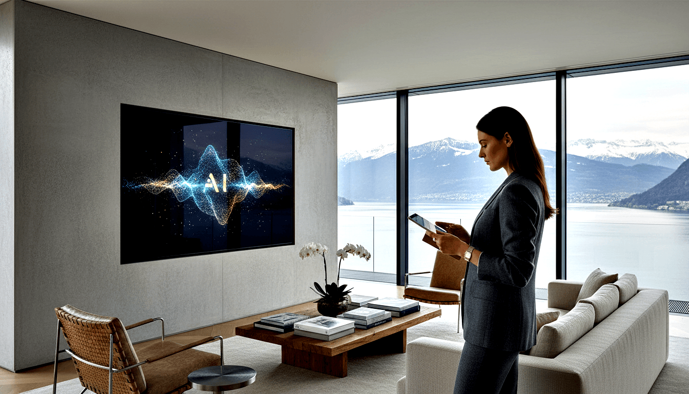 Woman in dark gray blazer holds tablet; blue-gold AI waveform display, cream sofas, mountain and lake views behind her.