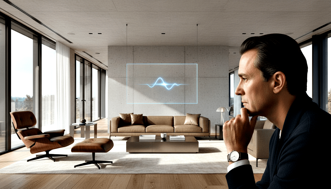 Man in navy sweater gazing at a glowing cyan holographic rectangle with a sine waveform on a concrete wall.