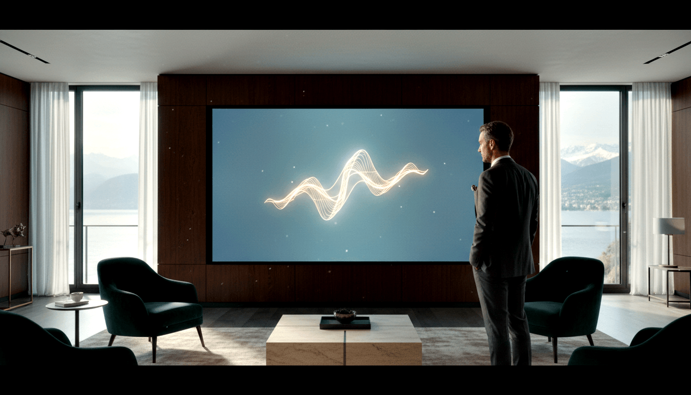 Grey-haired man in charcoal suit holding remote stands before a screen showing a blue-and-white sinusoidal wave.