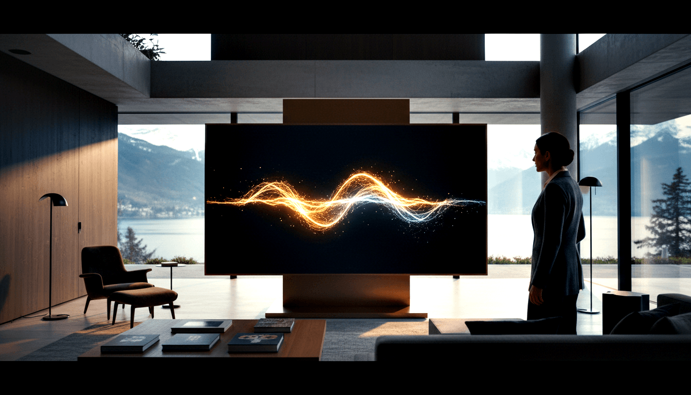 Flat-panel display on pedestal shows orange/white waveforms; woman in dark blazer stands beside it, mountain lake visible through glass.