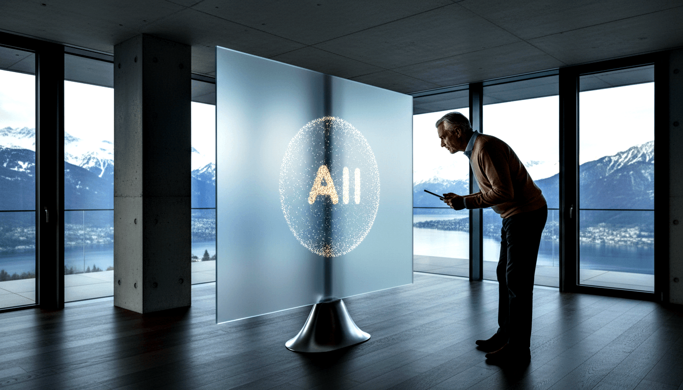 Gray-haired man in tan sweater leans forward inspecting a glowing frosted glass panel on a chrome pedestal displaying a circular AI emblem.
