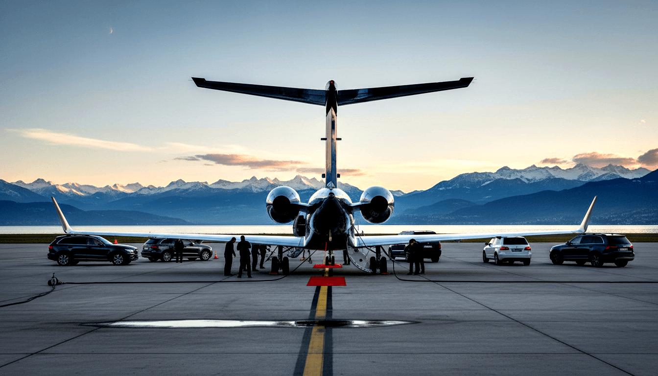 Twin-engine T-tail business jet on wet tarmac from behind, red wheel chocks in place, four dark SUVs flanking, mountains and twilight sky beyond.