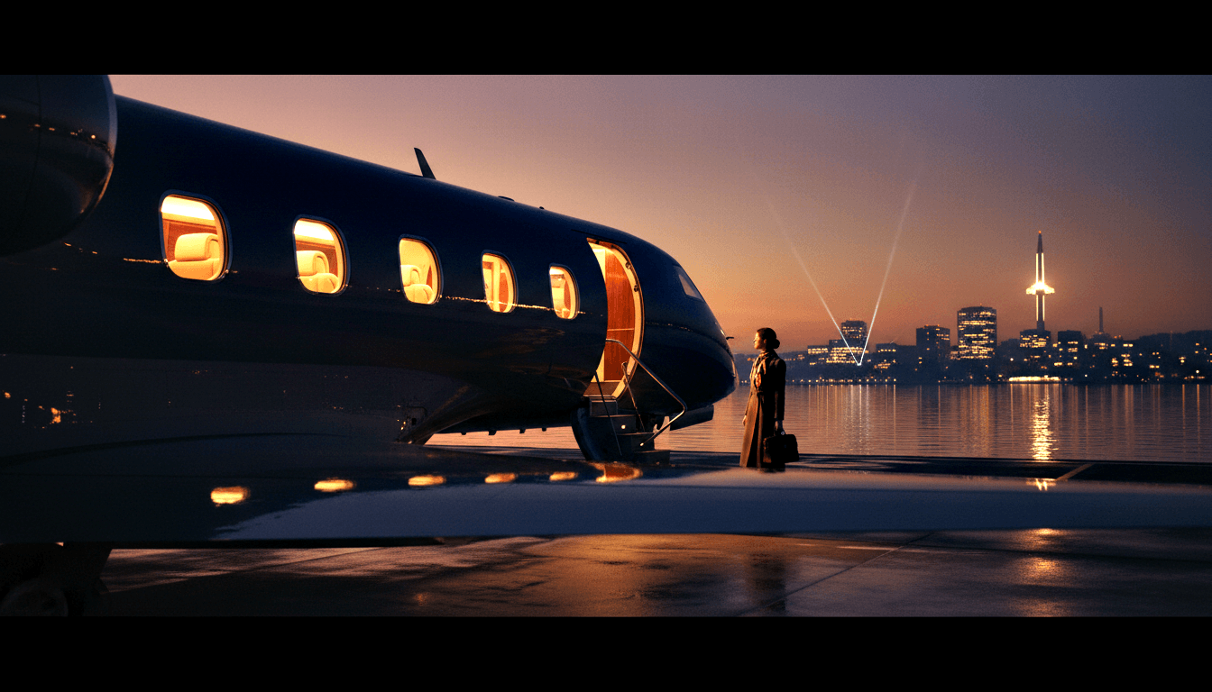 Dark navy private jet with open cabin door and glowing amber windows on a waterfront tarmac at twilight, lone figure in long coat at stair base.