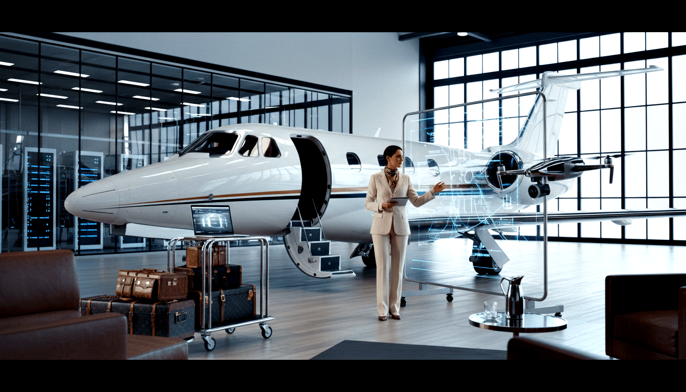 Woman in cream suit gestures at cyan holographic jet wireframe beside white private jet with gold stripe in showroom.