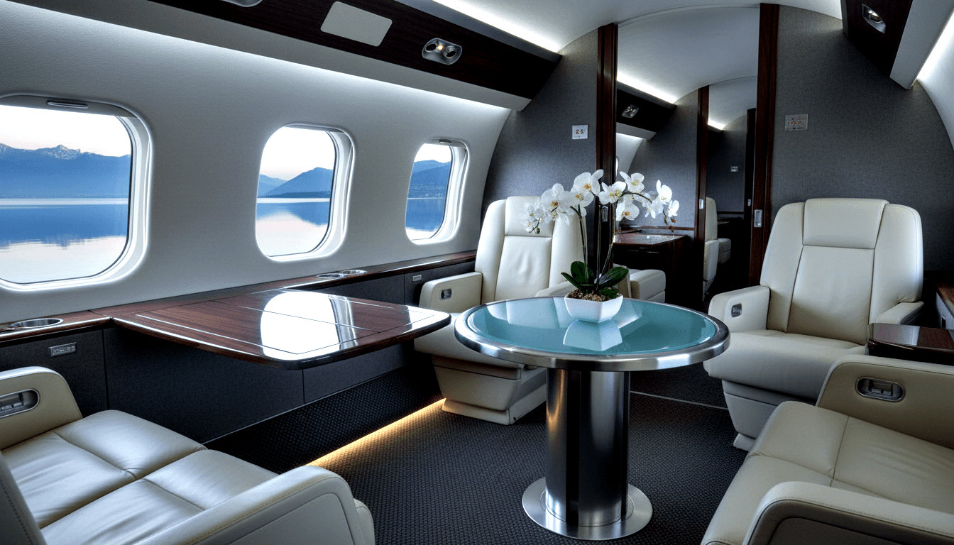 Private aircraft cabin with cream leather seats, dark walls, wood trim, orchid on pedestal table, oval windows showing water and mountains.