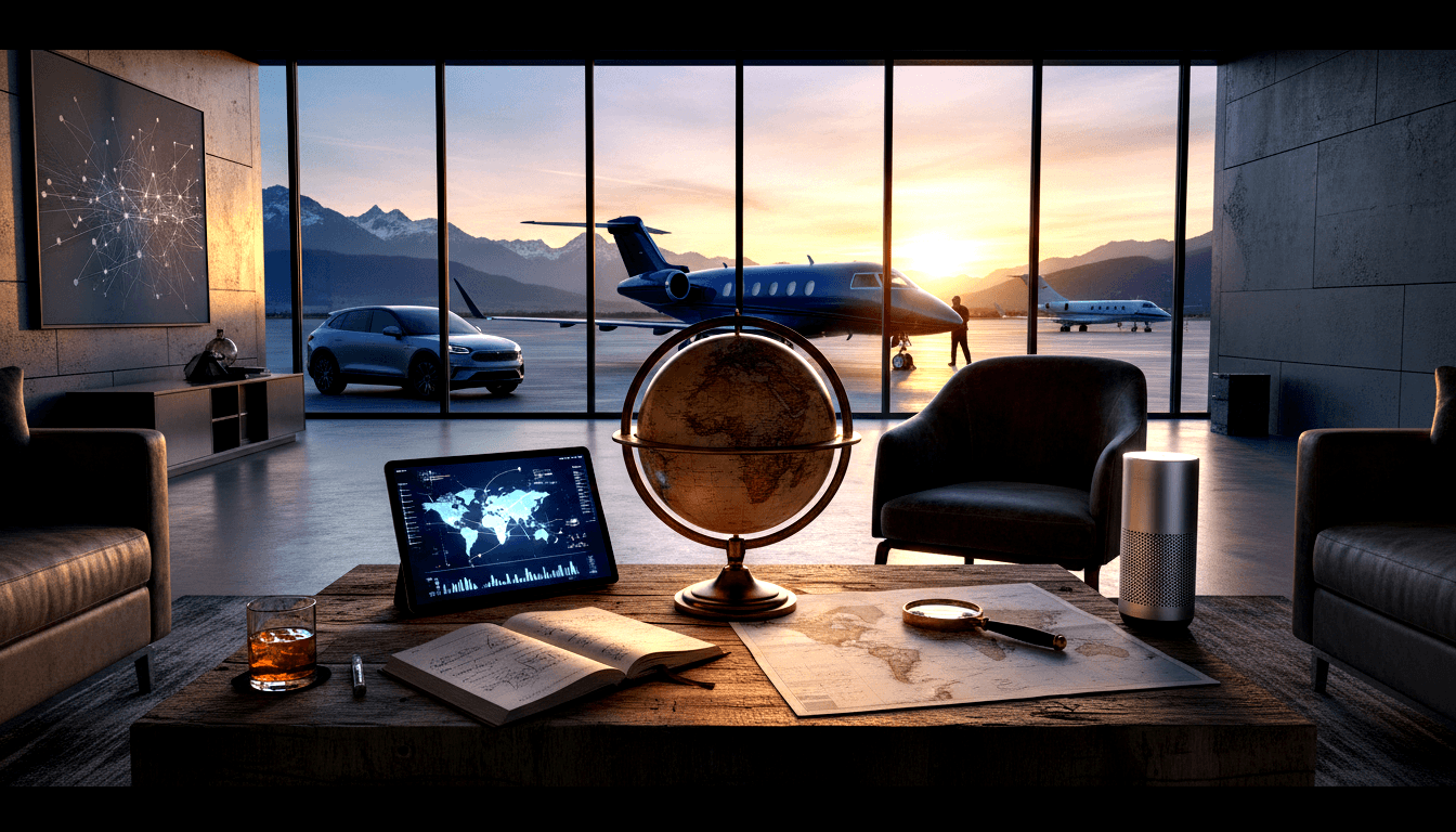 CGI private aviation lounge: globe, tablet, notebook on wood table, leather chairs, two jets at sunset through panoramic windows.