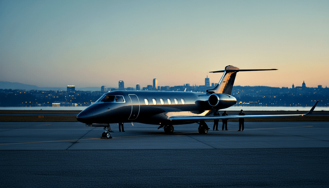 Dark charcoal business jet with T-tail and rear engines on tarmac at twilight, 3–4 figures in dark attire beneath the aircraft.