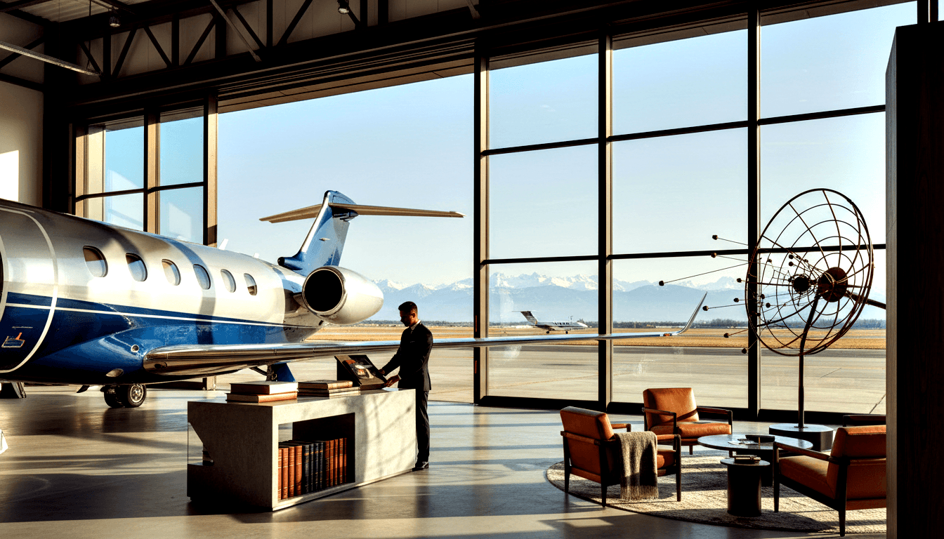 Blue and silver private jet parked at glass-walled aviation lounge with concrete floors, man in dark suit at reception desk holding tablet.