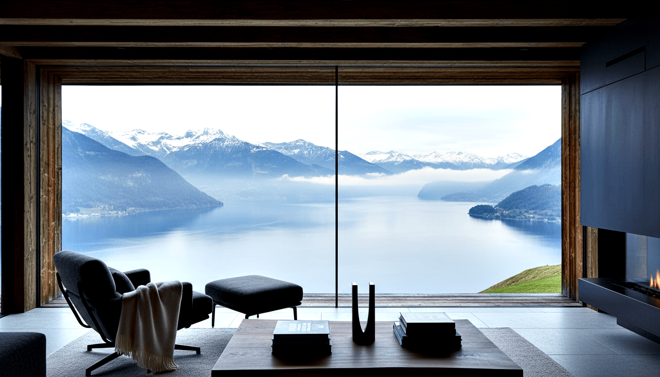 Grey lounge chair with cream throw, low book-stacked table, fireplace, and window overlooking a snowy mountain lake.