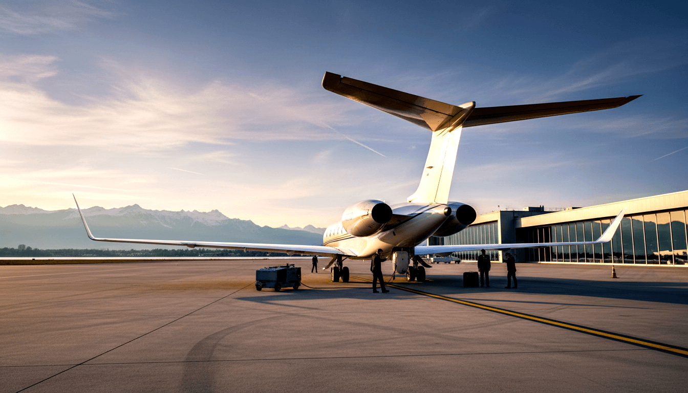 Twin-engine business jet, T-tail, raked wingtips on tarmac at golden hour; figures near stairs, mountains at left.