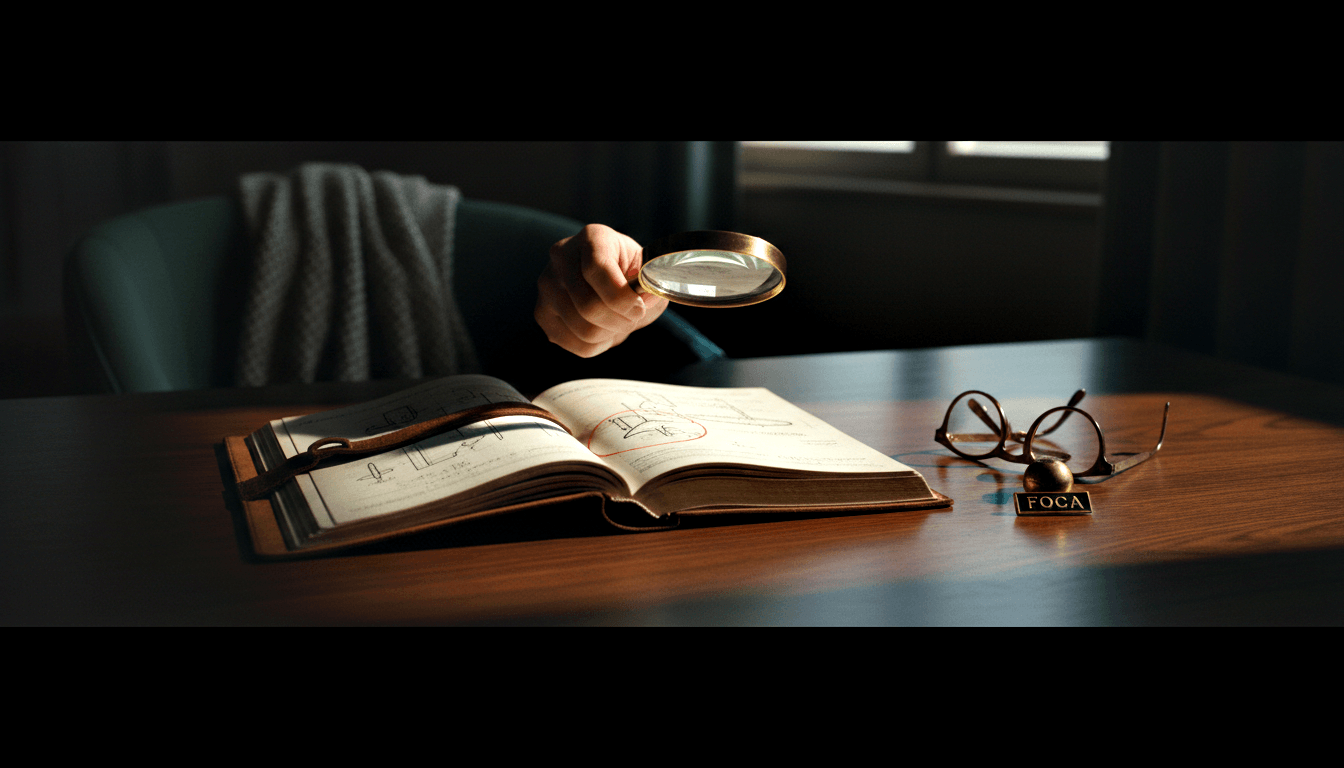 Hand holds brass magnifying glass over open book with technical sketches; FOCA plaque and eyeglasses on mahogany desk.