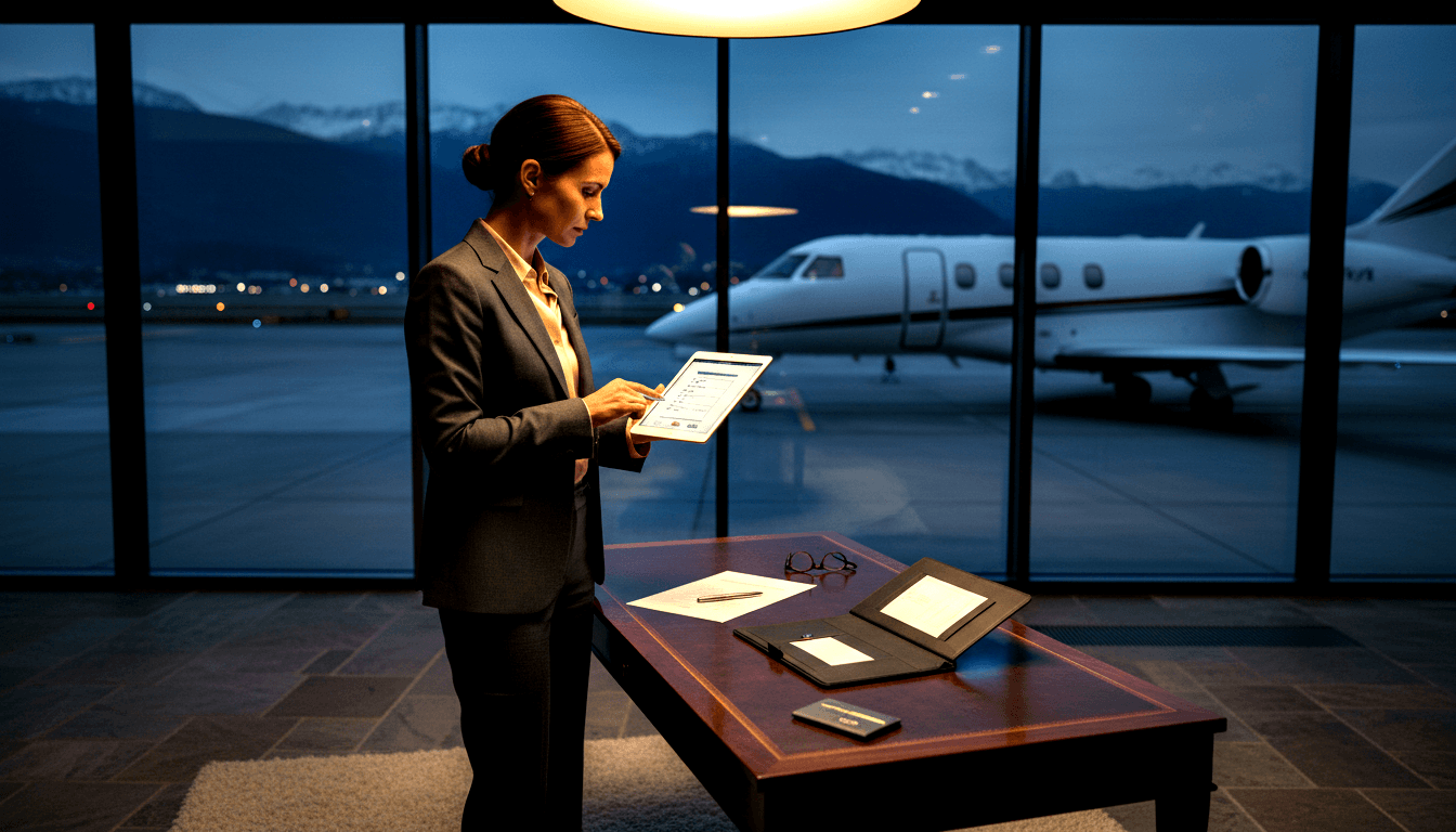 Woman in grey blazer holds tablet by table with documents; private jet and snowy mountains visible through windows at night.