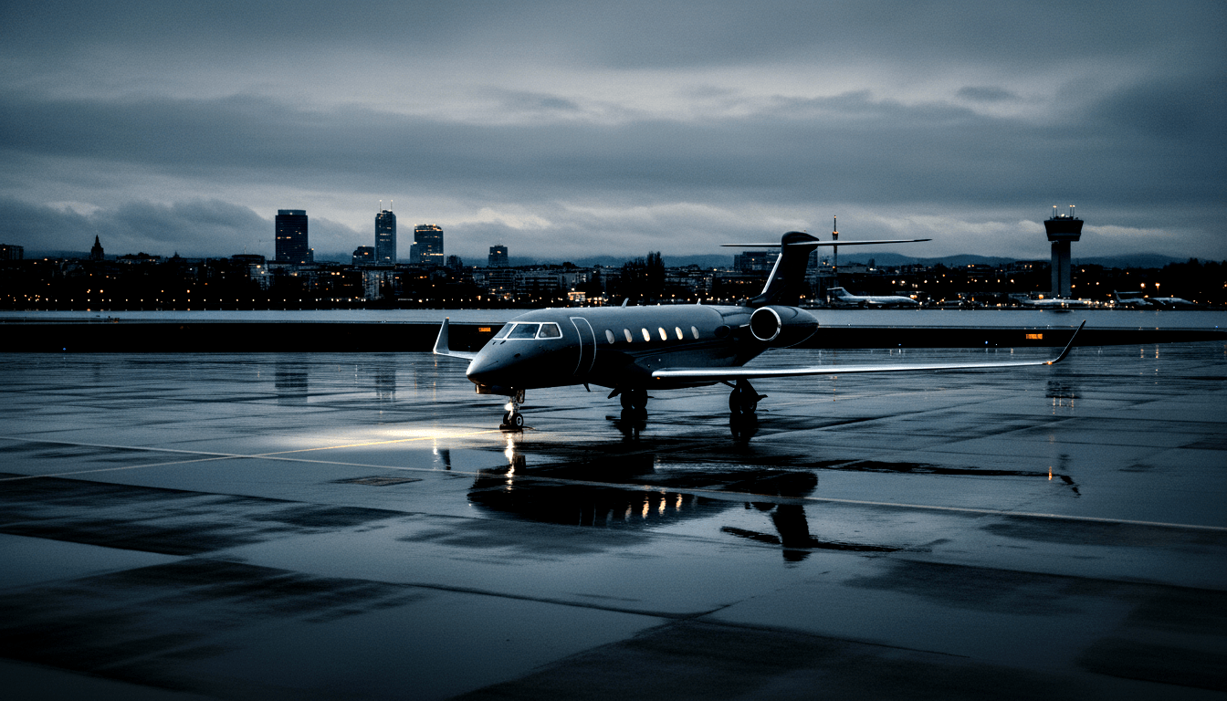 Silver-gray business jet on wet apron at dusk, nose taxi light reflected in tarmac, amber-lit skyline and control tower behind.