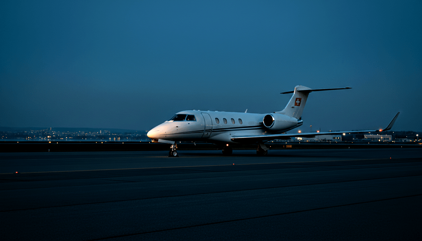 White business jet with T-tail, rear engines, and red-and-white cross tail emblem on dark tarmac at twilight.