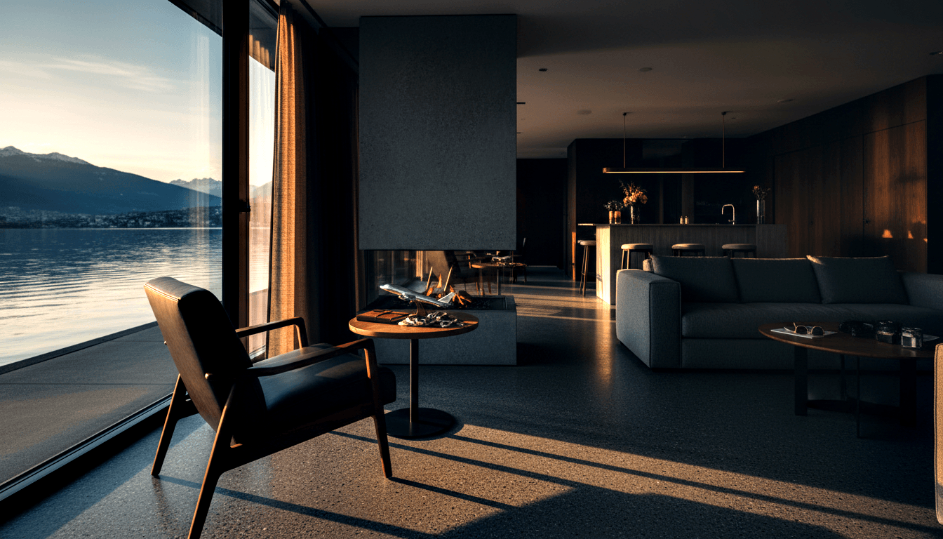 Open-plan room with charcoal walls, burning peninsula fireplace, mid-century armchair, grey sofa, windows overlooking lake and mountains.