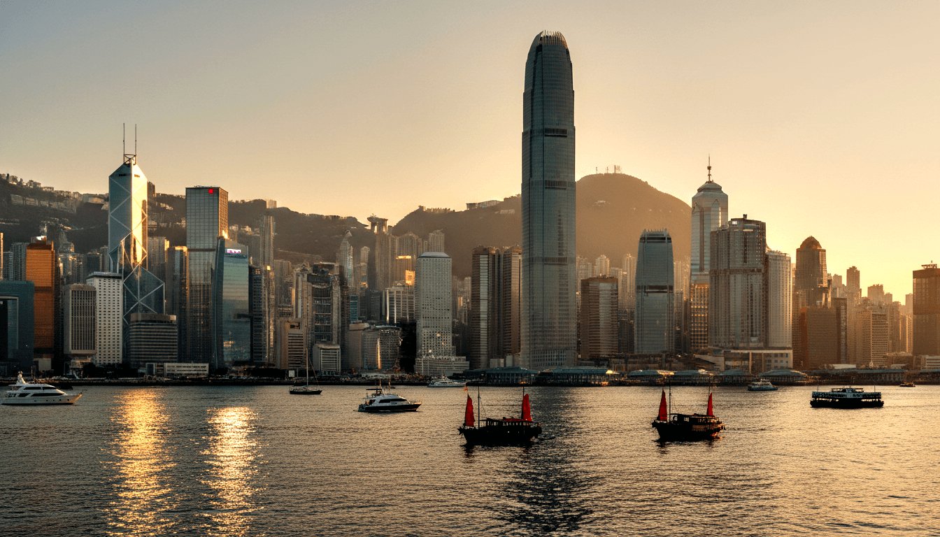 Harbor panorama with red-sailed junk boats, white yacht, and ferry reflected in amber water before a high-rise skyline and green hills.