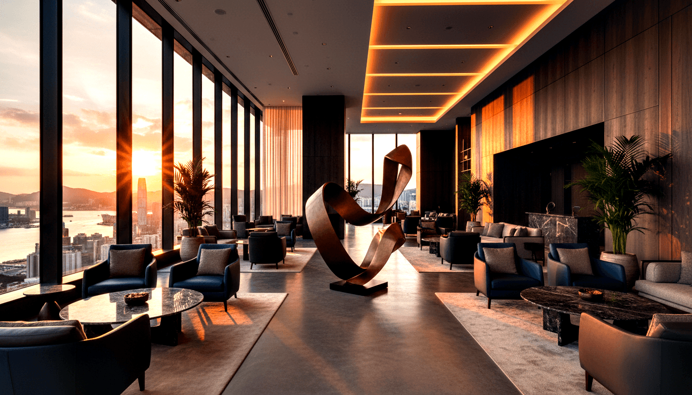 High-rise lounge with panoramic coastal sunset views, bronze twisted ribbon sculpture on dark plinth, navy armchairs, and coffered LED ceiling.