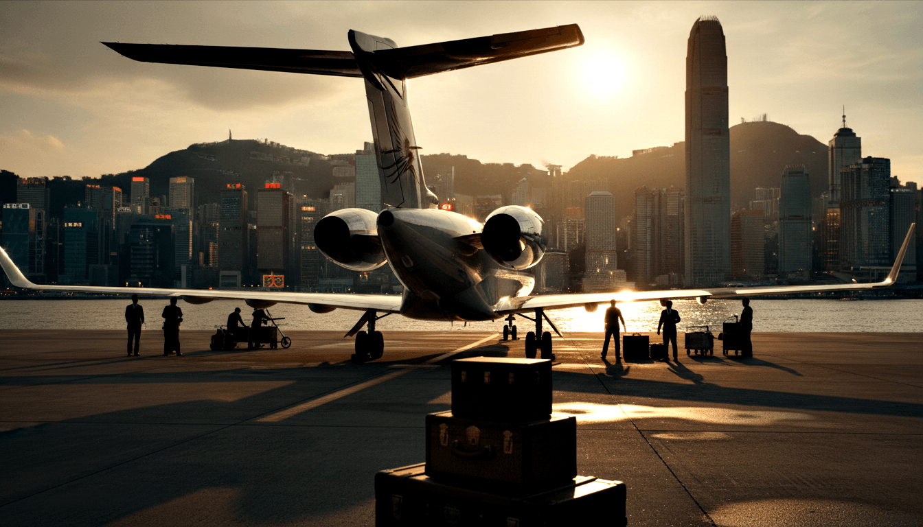 Rear-engine T-tail private jet on tarmac at golden sunrise, silhouetted figures and cargo cases in foreground, harbor and skyscrapers behind.