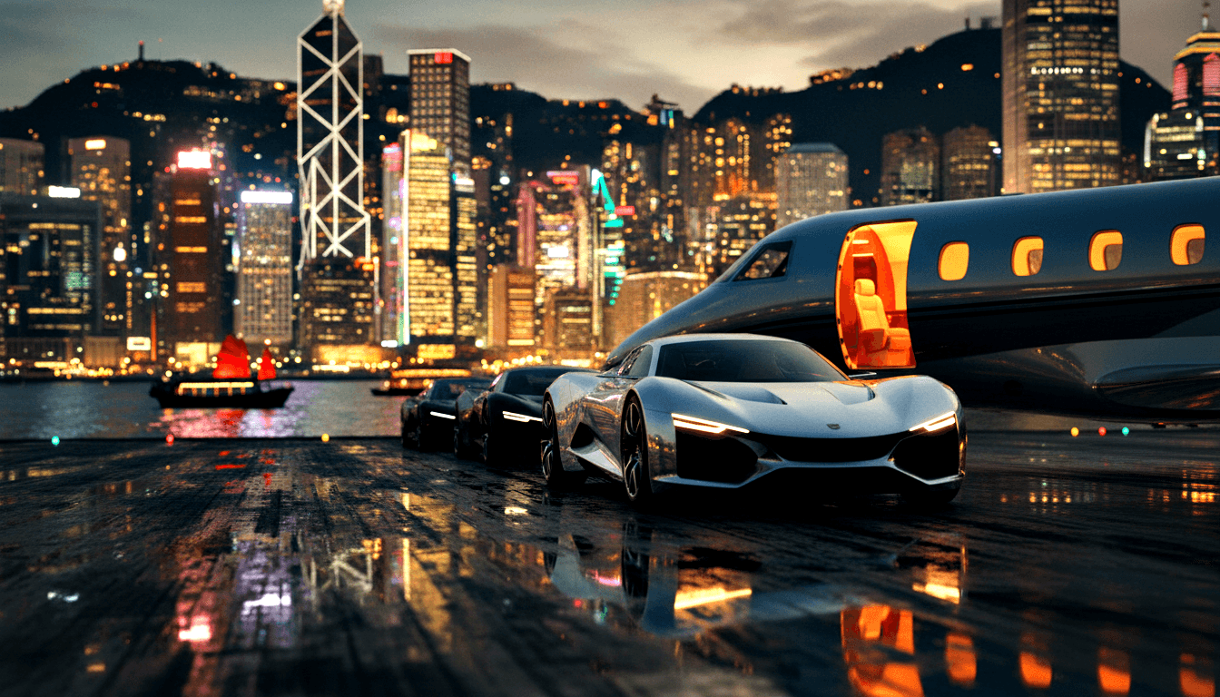 Two futuristic sports cars beside an open private jet on wet reflective tarmac at night, with a dense high-rise skyline behind.