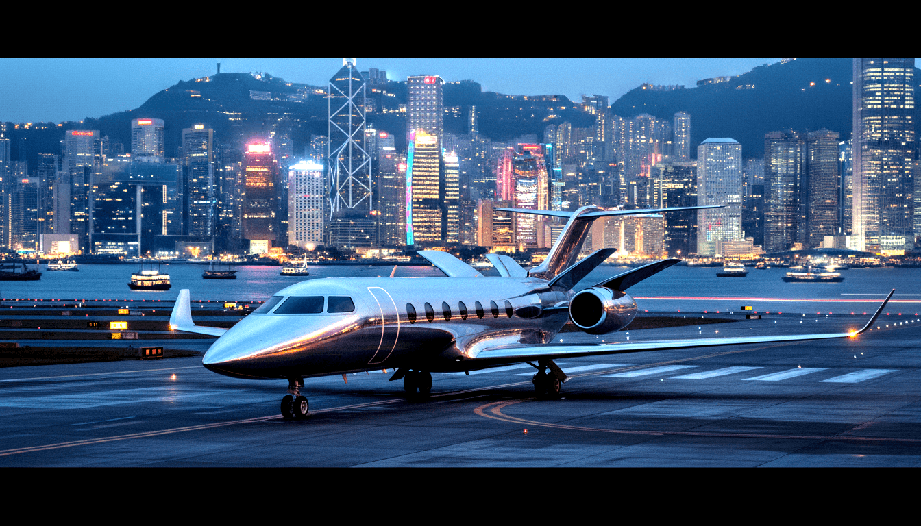 White and silver business jet on dark tarmac at blue hour, with a glowing high-rise skyline and hills visible across a body of water.