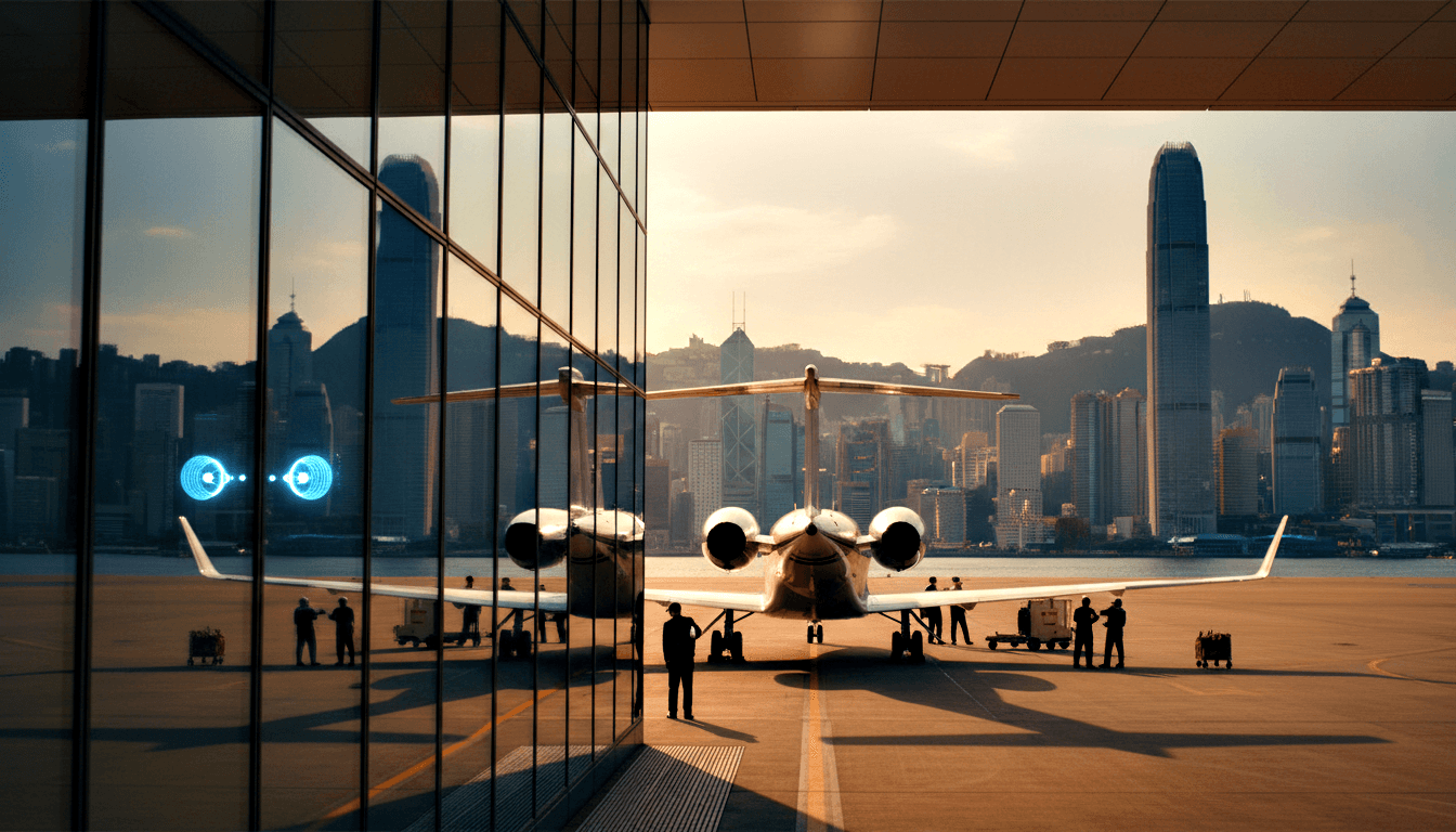 White twin-engine business jet with T-tail on tarmac, flanked by silhouetted figures and ground equipment at golden hour.