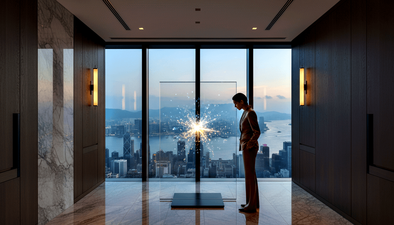 Person in dark brown suit standing on marble floor, head bowed toward a glowing glass panel emitting white-gold light at chest height.