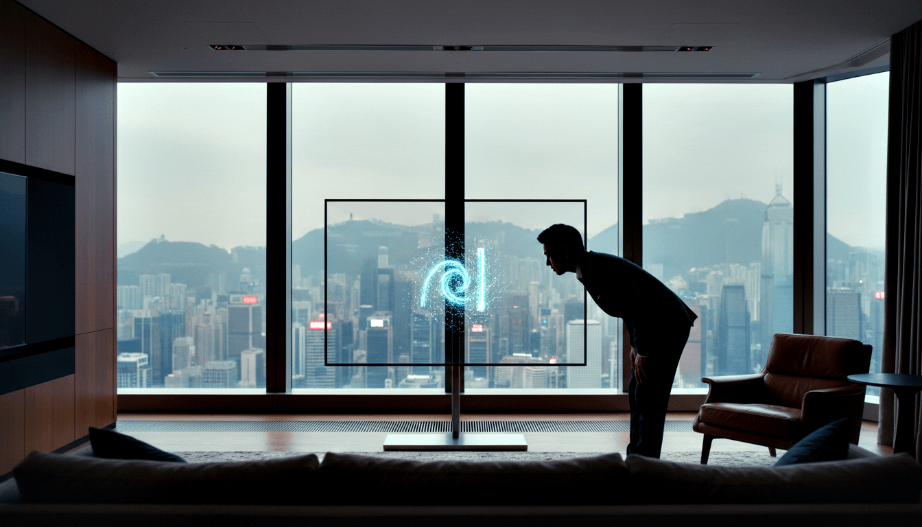 Man in dark clothing leans toward a transparent display showing a glowing cyan spiral vortex in a darkened high-rise room.