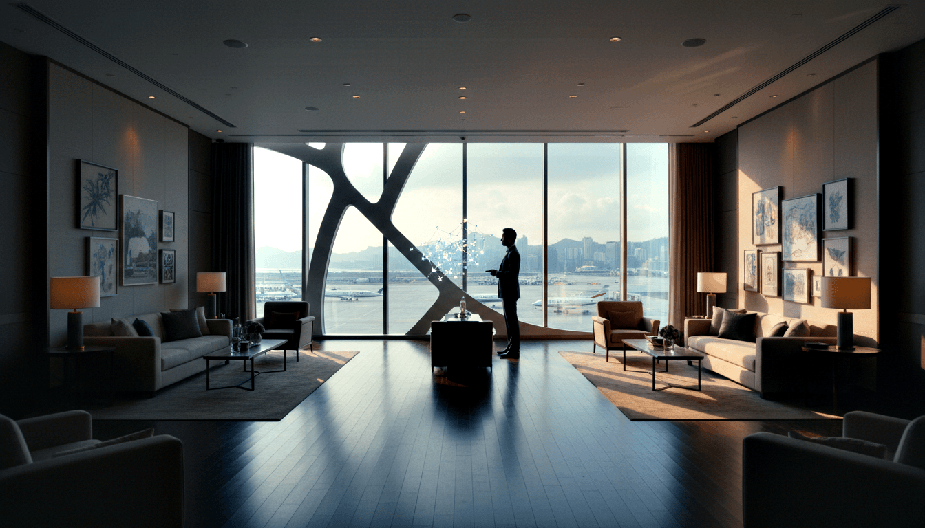 Dark-suited male silhouette in a lounge with cream sofas, amber lamps, and floor-to-ceiling windows overlooking aircraft on a tarmac.