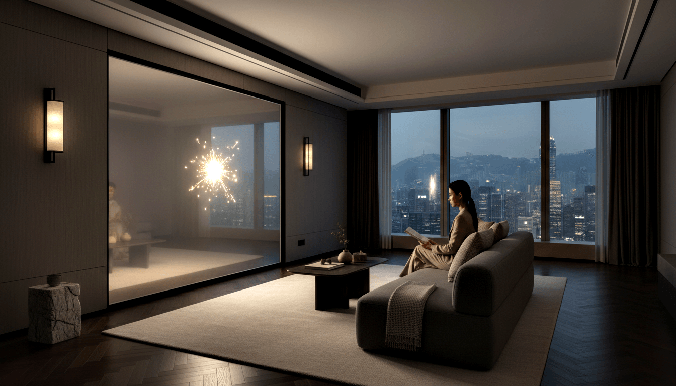 Woman in beige loungewear sits on dark gray curved sofa with a book, facing floor-to-ceiling windows overlooking a night cityscape.