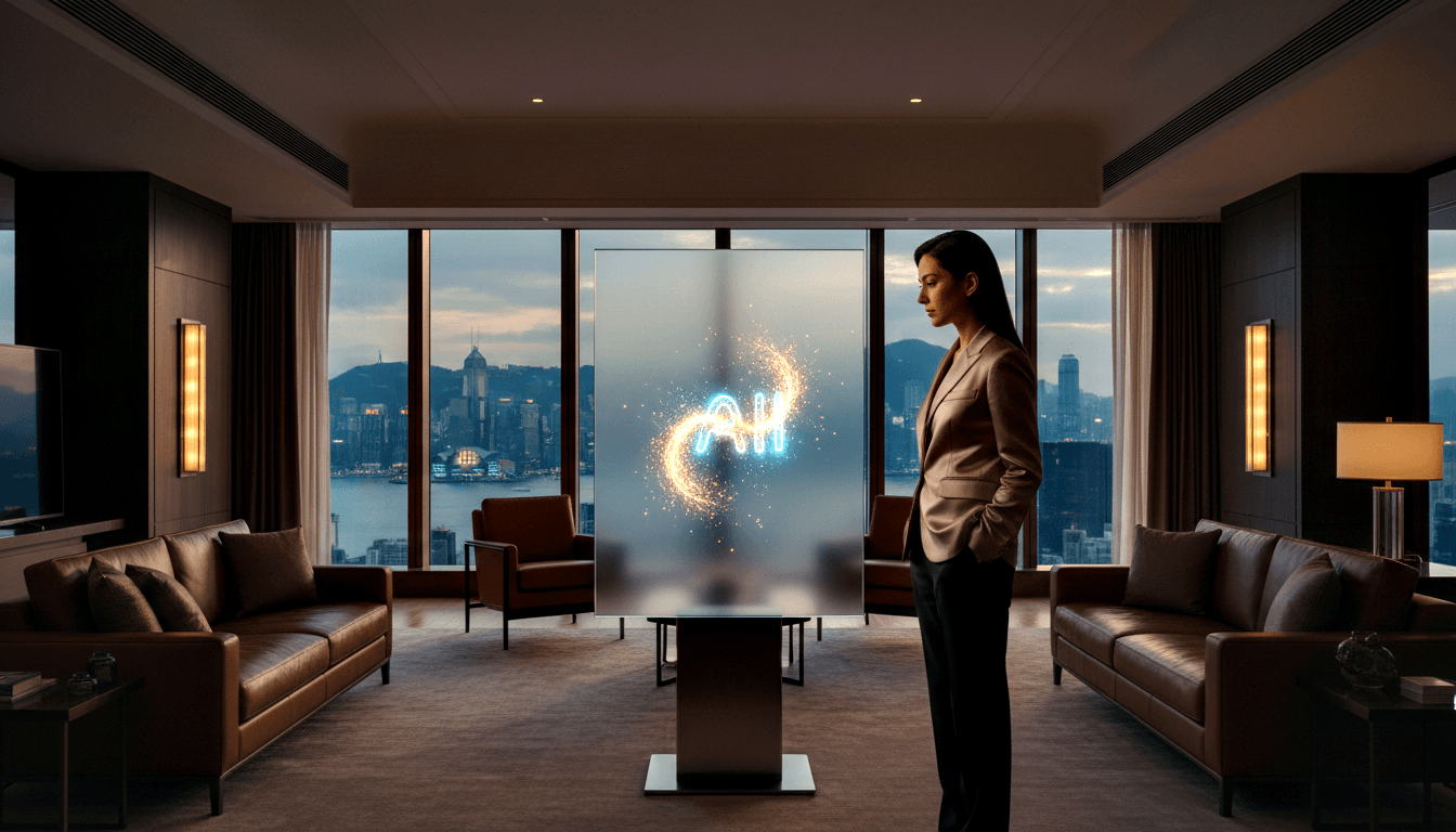 Woman in beige blazer stands in dim wood-paneled room gazing at a glowing transparent panel displaying 'AI' in luminous cursive.