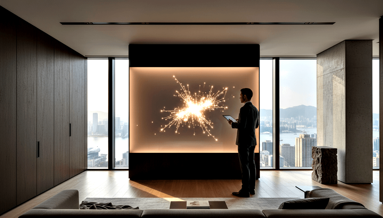 Man in dark suit holding tablet, standing in profile before a large panel displaying a glowing amber burst pattern in a minimalist interior.