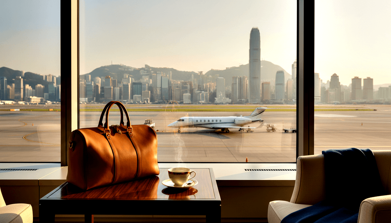 Cognac leather duffle bag with gold hardware beside a steaming teacup, private jet and city skyline through floor-to-ceiling windows.