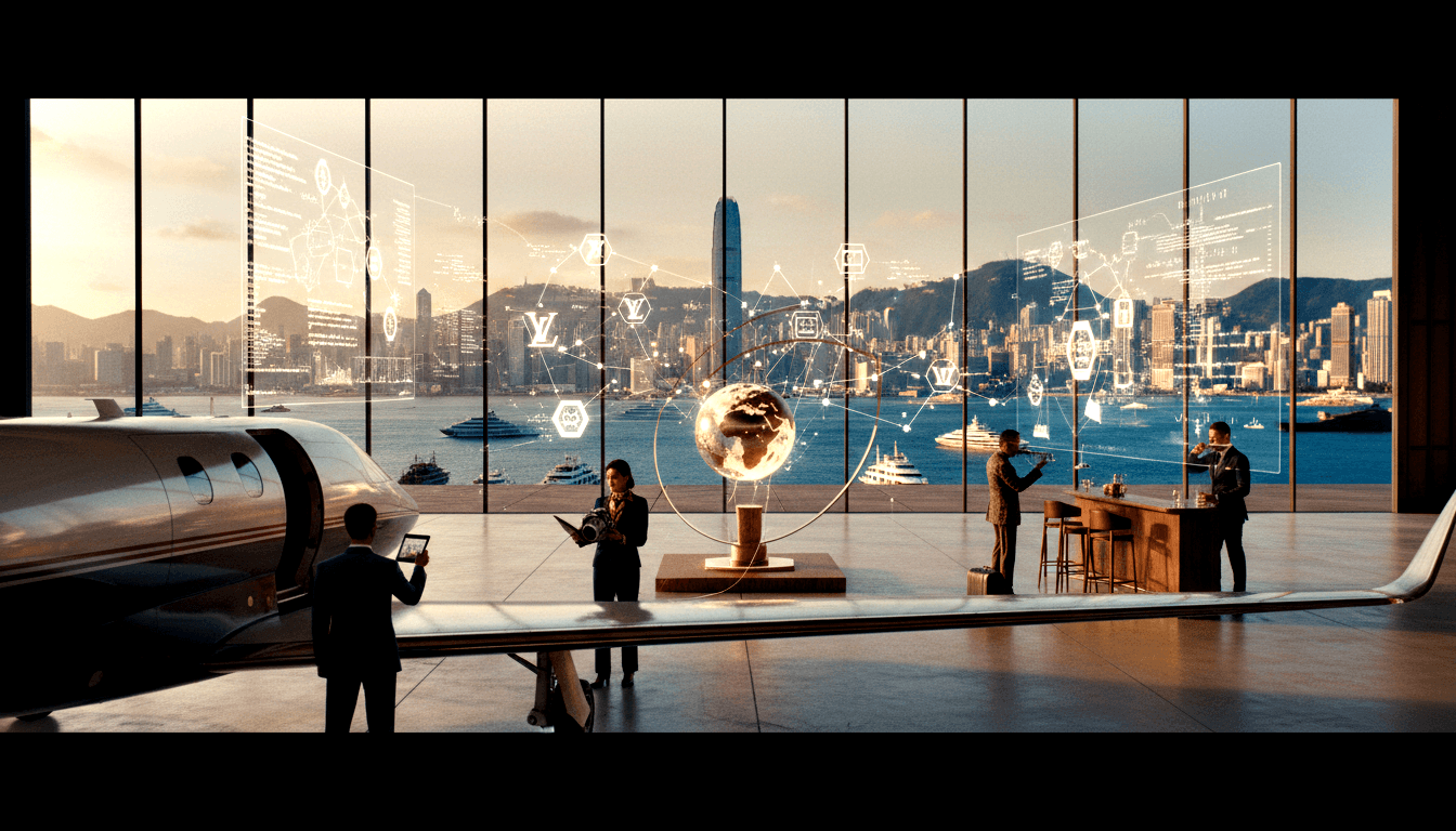 CGI glass-walled lounge with private jet, gold globe, bar, four suited pros, holographic hexagons and LV monograms.