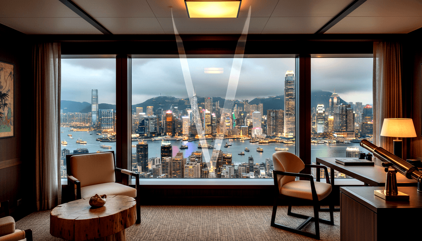 Two cream armchairs flank a live-edge coffee table facing floor-to-ceiling windows overlooking an illuminated harbor and skyscrapers at twilight.