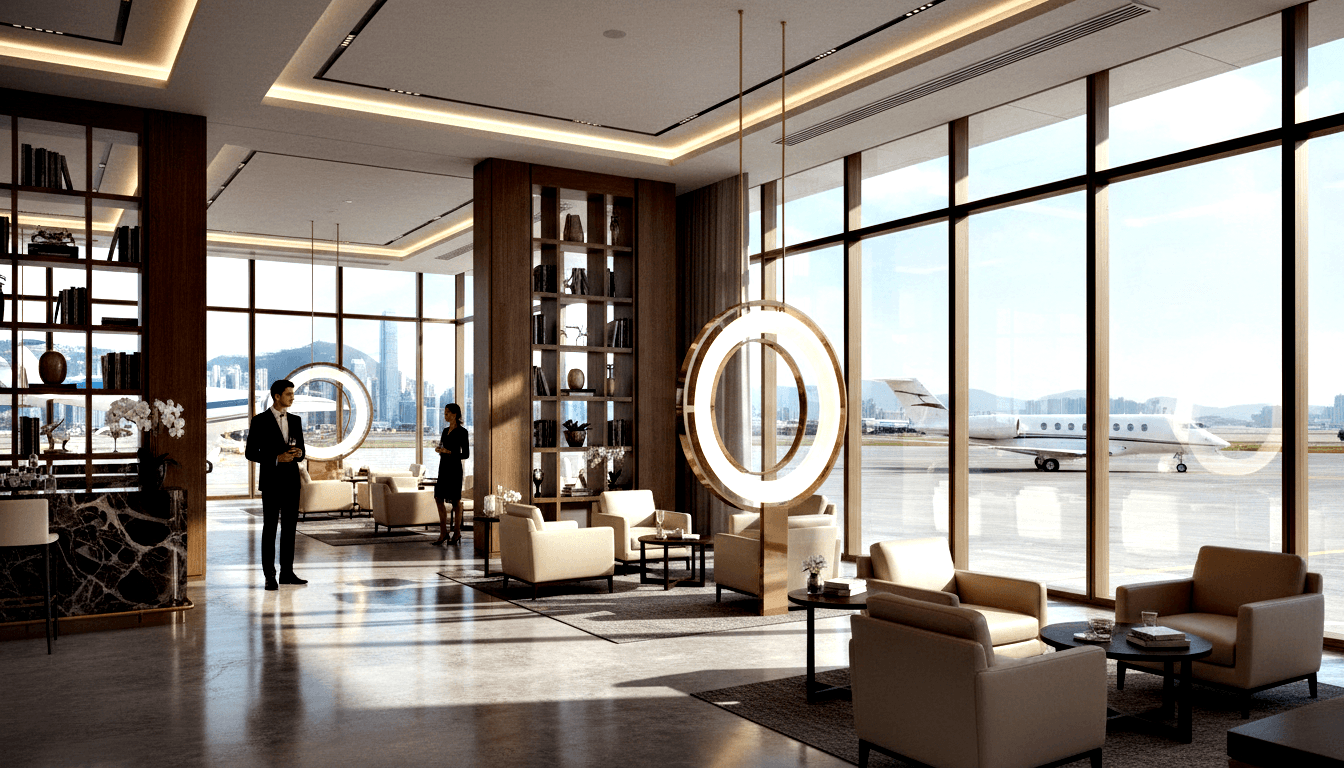CGI airport private lounge with cream armchairs, brass lights, glass walls overlooking a business jet and mountain skyline.