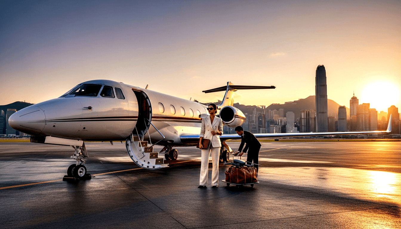 White private jet on wet tarmac at sunset; woman in white pantsuit, man in dark suit with luggage, dense skyscraper skyline.