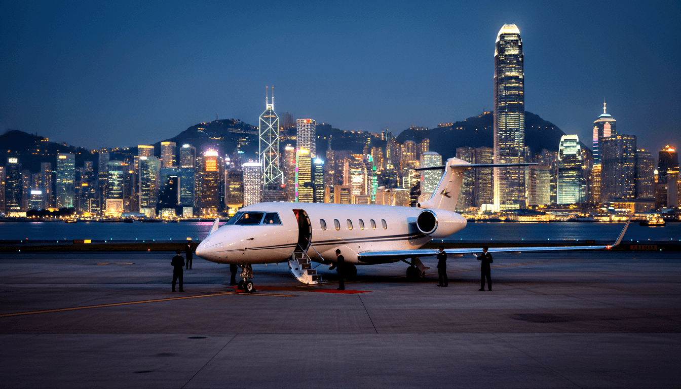 White business jet on night tarmac, red carpet stairs deployed, formal figures nearby, glowing skyscraper skyline across water behind.