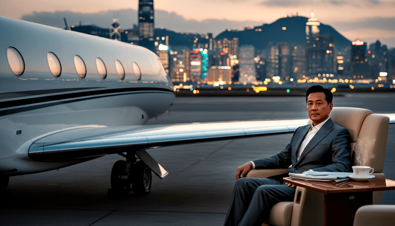 Man in dark grey suit sits in cream leather armchair on airport tarmac beside white private jet at twilight.