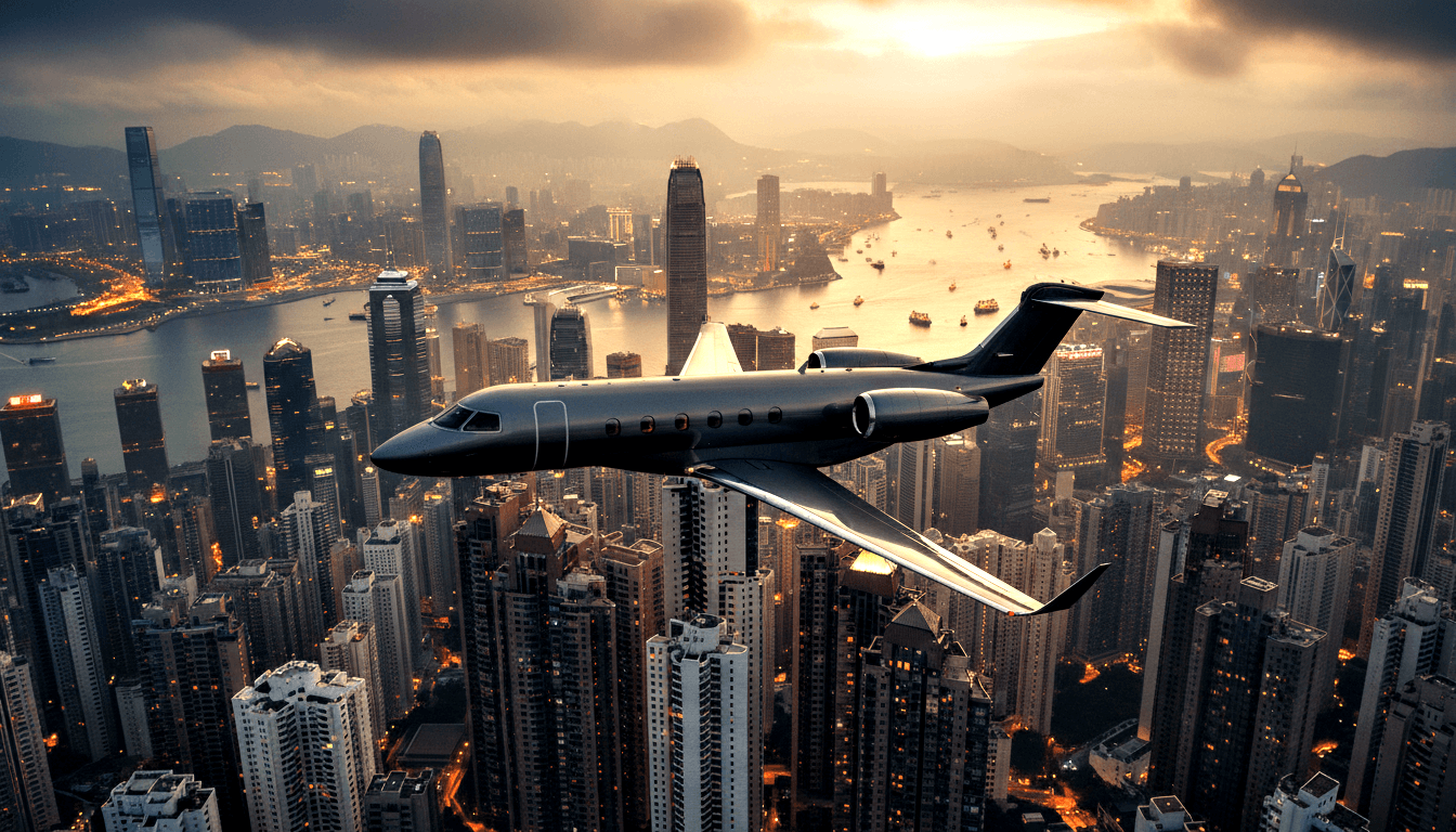 Dark charcoal business jet with twin rear engines flies at low altitude over a dense high-rise skyline, harbor, and mountains at dusk.