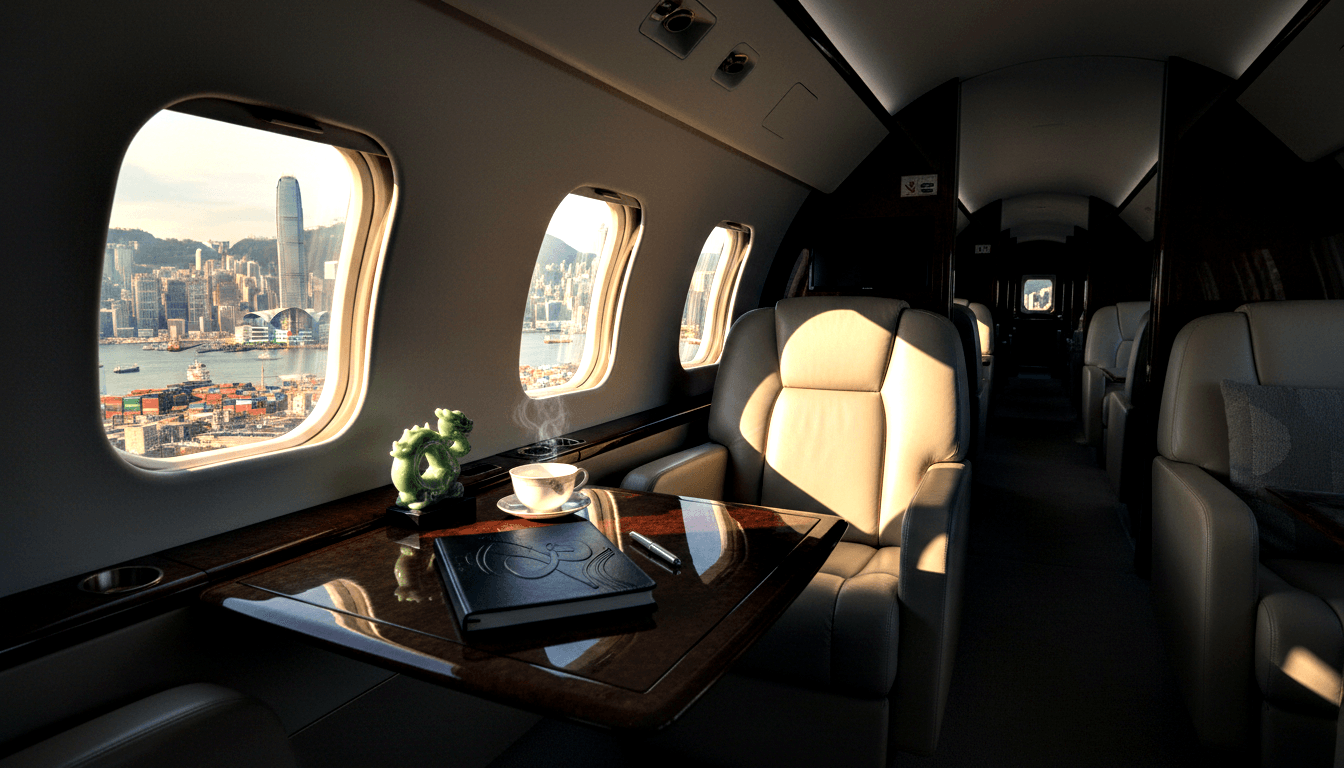 Private jet interior: cream leather chairs, dark wood table with steaming teacup, notebook, pen, jade dragon; harbor in window