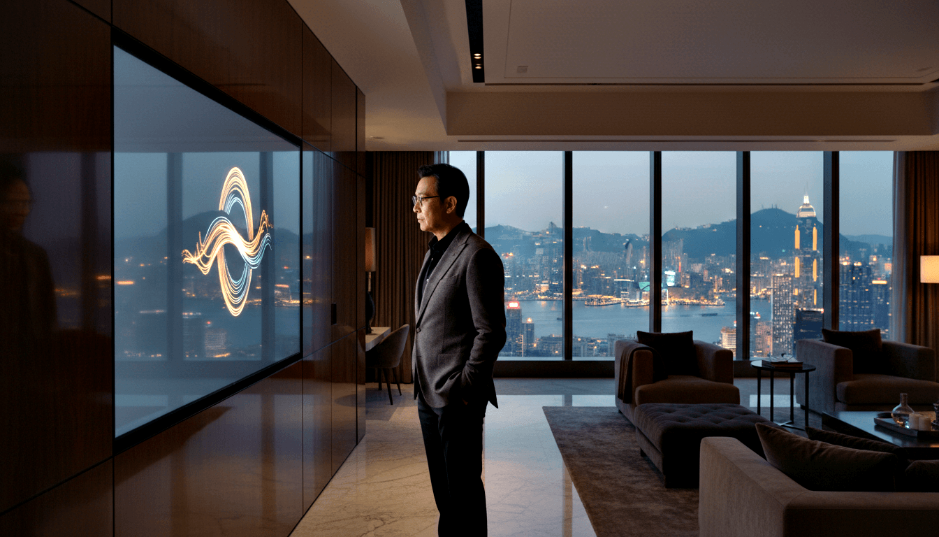 Man in glasses, dark blazer, and black turtleneck stands with hands clasped before floor-to-ceiling windows showing a nighttime harbor skyline.