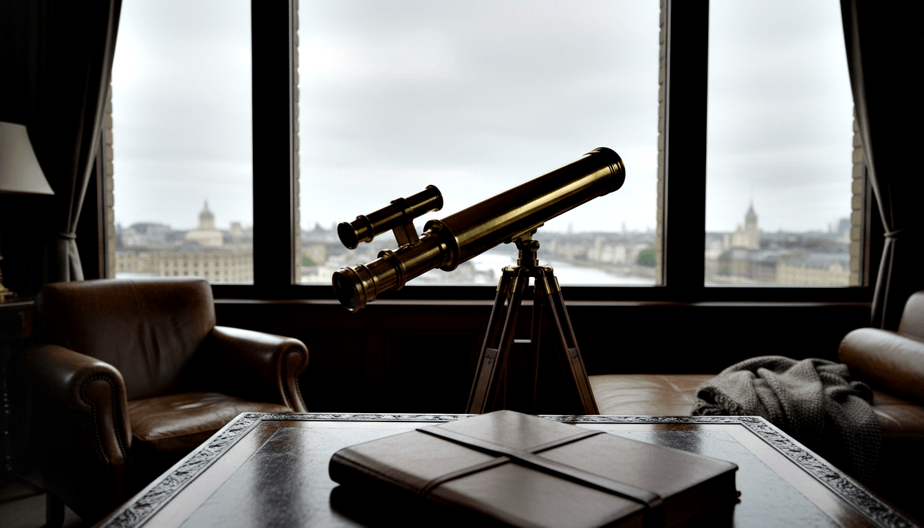 Brass antique refracting telescope on wooden tripod atop a dark mahogany writing desk, with a leather-bound journal in the shadowed foreground.