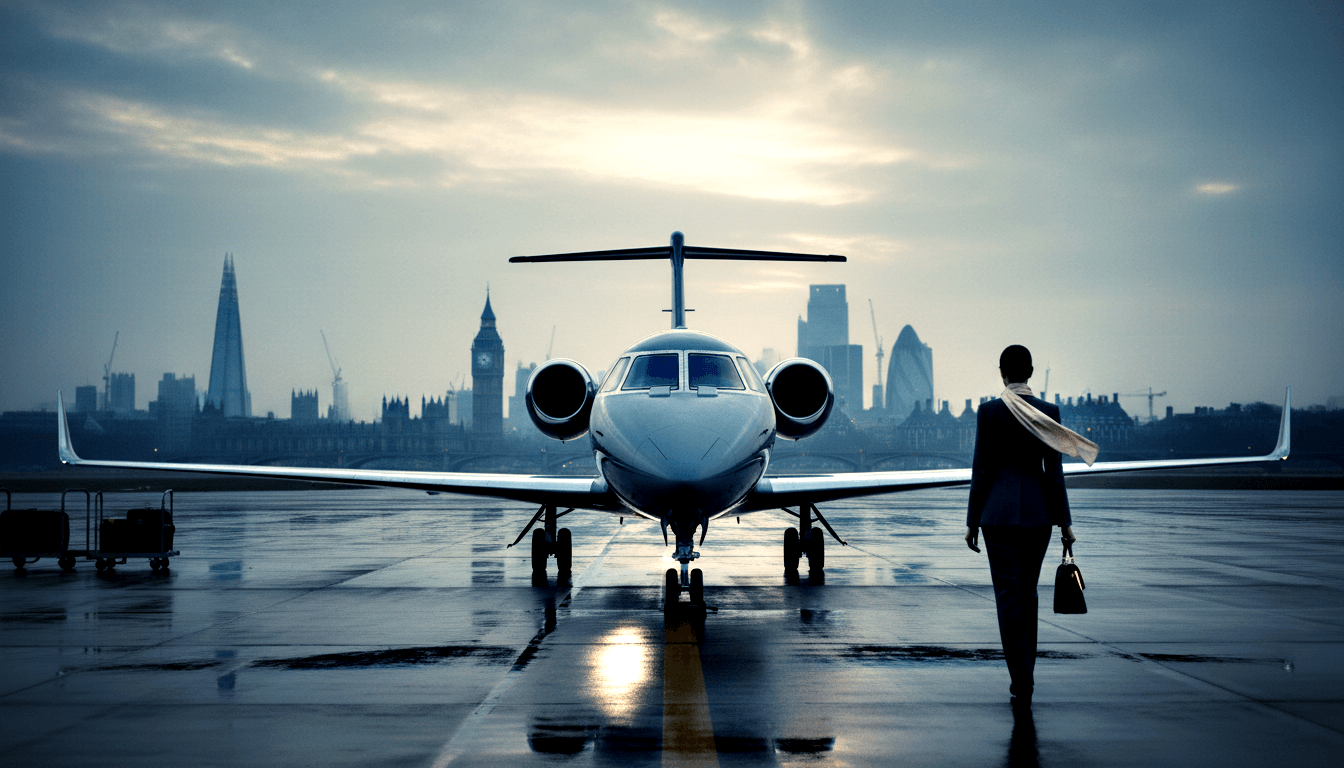 White business jet head-on on wet tarmac, lone figure walking toward it, urban skyline with spire and glass tower behind.