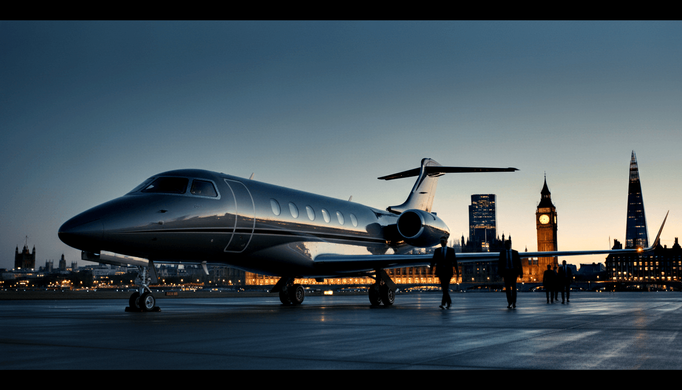 Dark charcoal private jet on tarmac at twilight; silhouetted formal figures; glowing urban skyline with spire behind.