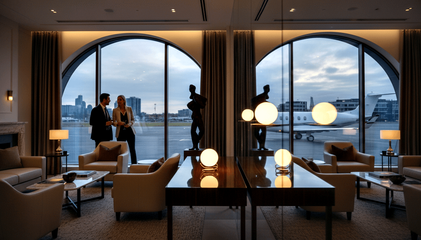 Aviation lounge at dusk: arched windows, white jet on tarmac, cream armchairs, glowing orbs, man and woman holding glasses.